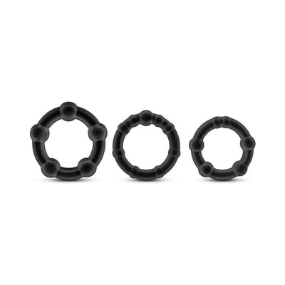 Set of three black beaded cock rings in small, medium, and large sizes made from stretchy body-safe material.