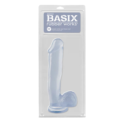 Clear 12-inch Basix Rubber Works dong with suction cup in retail packaging by Pipedream.