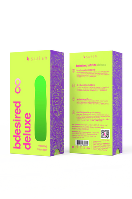 Packaging of B Swish Bdesired Infinite Deluxe vibrating massager in bright green and purple with product details and features.