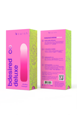 Packaging of B Swish Bdesired Infinite Deluxe vibrating massager in flamingo pink with product features and branding details.