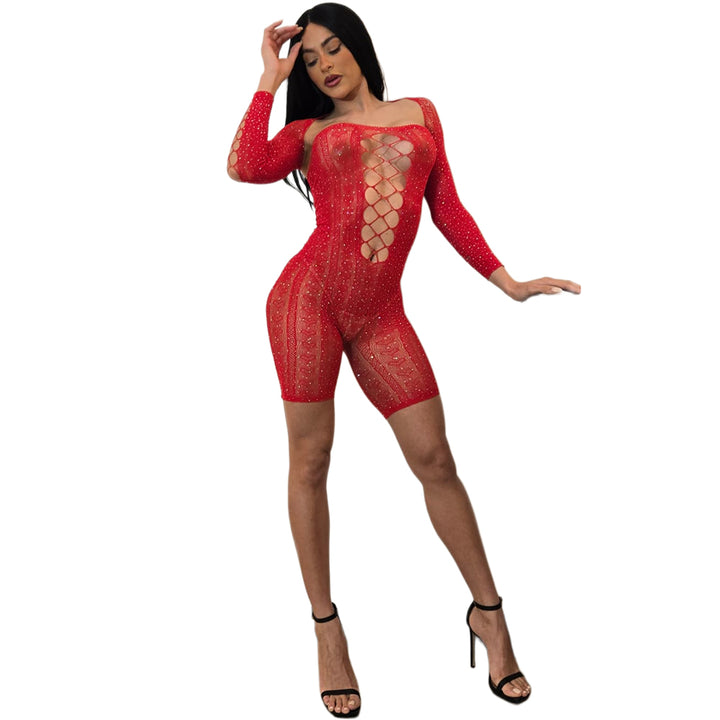 Black Pearl 2-Piece Bling Heart Lace Romper With Sleeves Red
