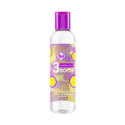 Clear 4 oz bottle of 3some 3-in-1 passion fruit flavored lubricant with purple cap and colorful label design.