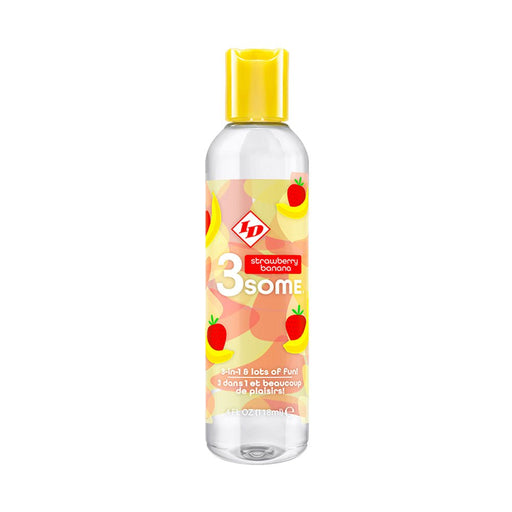 Clear 4 oz bottle of 3some 3-in-1 lubricant with strawberry banana flavor and yellow flip-top cap.