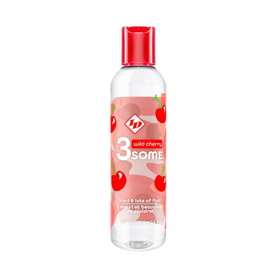 Clear 4 oz bottle of 3some 3-in-1 wild cherry flavored lubricant with red cap and cherry graphics on label.