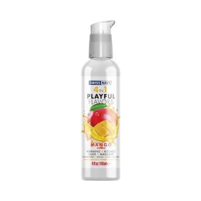 Bottle of Swiss Navy 4 in 1 Playful Flavors warming mango lubricant and massage gel, 4 fl oz.