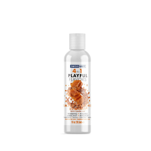 Bottle of Swiss Navy 4-in-1 Playful Flavors Salted Caramel Delight warming, kissable lubricant and massage oil.