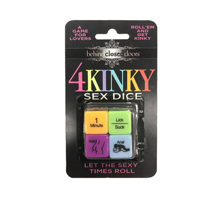 Set of four colorful kinky dice in black packaging labeled 4 Kinky Sex Dice by Behind Closed Doors.