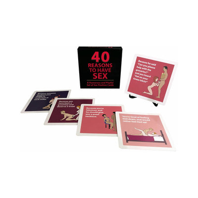 Box and cards from 40 Reasons To Have Sex adult card game with humorous illustrated reasons and positions.