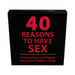 Black box of 40 Reasons To Have Sex card game with bold red text and a humorous and playful theme.