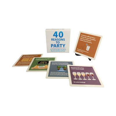 40 Reasons To Party card game set with colorful illustrated cards and a white box, displayed on a white background.