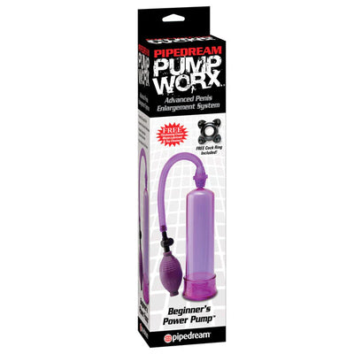 Beginner's Power Pump with clear cylinder and purple medical-style pump ball for penis enlargement system.