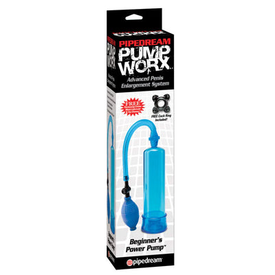 Beginners Power Pump by Pipedream with clear cylinder, blue pump ball, and flexible hose in retail packaging.