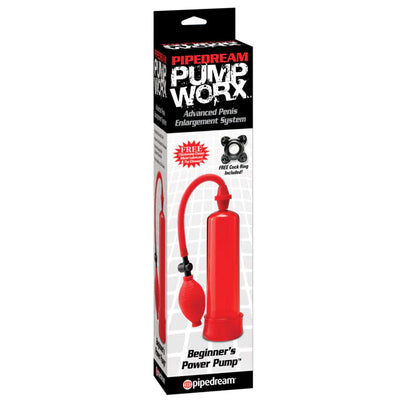 Red beginner's power pump with medical-style pump ball and flexible hose in branded packaging for penis enlargement.