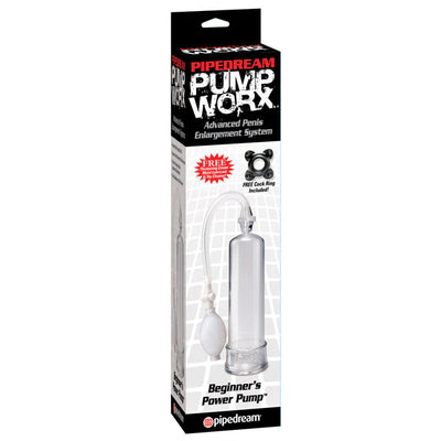 Clear medical-style penis pump with hand pump and included enhancement ring in black and white packaging.
