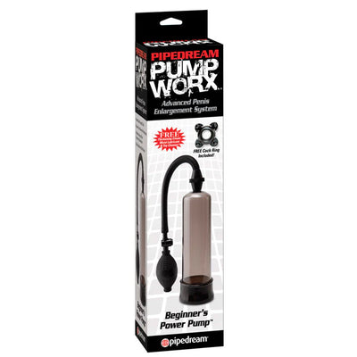 Beginners Power Pump with clear cylinder, black medical-style pump ball, and flexible hose in branded packaging.