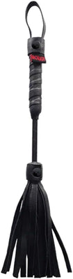 Black mini leather flogger with wrapped handle and wrist loop, 10 inches long.