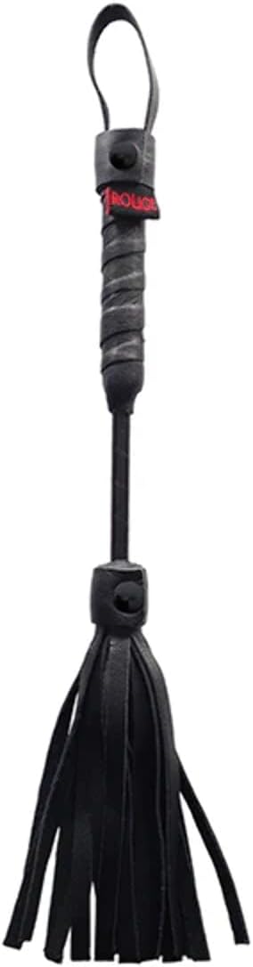 Black mini leather flogger with wrapped handle and wrist loop, 10 inches long.