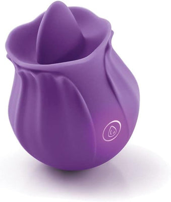 Purple rosebud-shaped clitoral stimulator with soft silicone texture and a single button control.