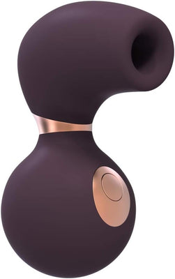 Compact dark purple clitoral vibrator with a curved design and rose gold accent button.