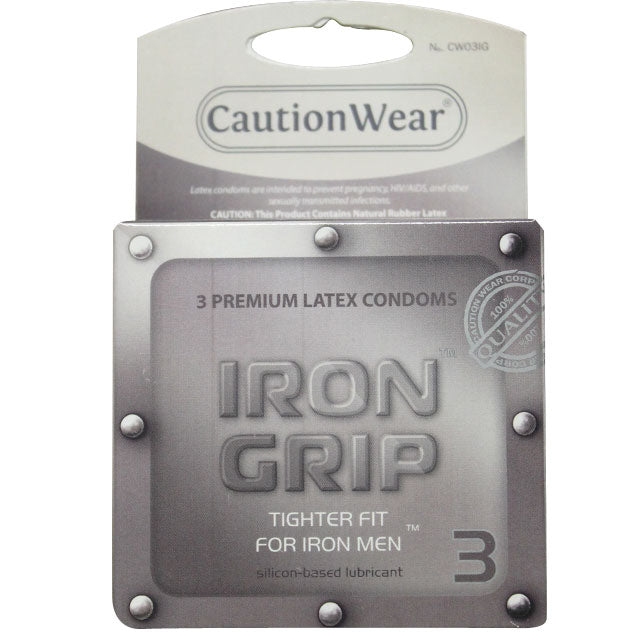CautionWear Iron Grip condoms 3-pack with premium latex and silicone lubricant for a tighter fit and enhanced sensation.