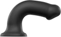 Black silicone bendable dildo with suction cup base for hands-free use and customizable shape.