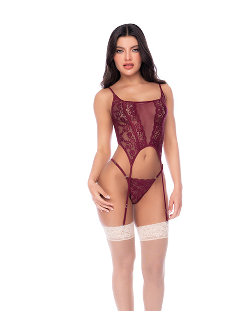 Sheer Lace & Mesh Top w/Attached Garter Straps & Thong 2 pc Set - Burgundy S/M