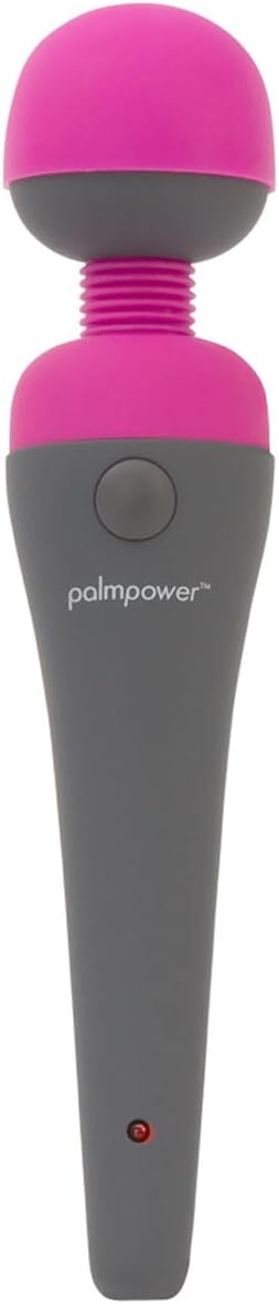 Palmpower Massager with pink silicone head and gray ergonomic handle featuring one-button control and indicator light.