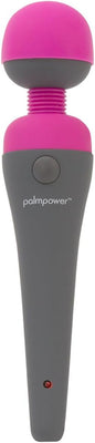 Palmpower Massager with pink silicone head and gray ergonomic handle featuring one-button control and indicator light.