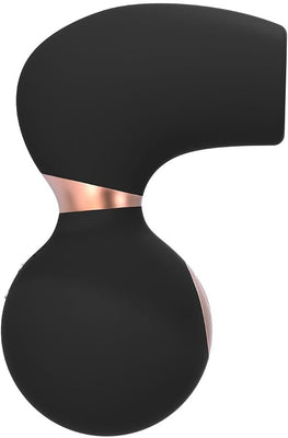 Black and rose gold ergonomic clitoral vibrator with smooth silicone finish and curved design.