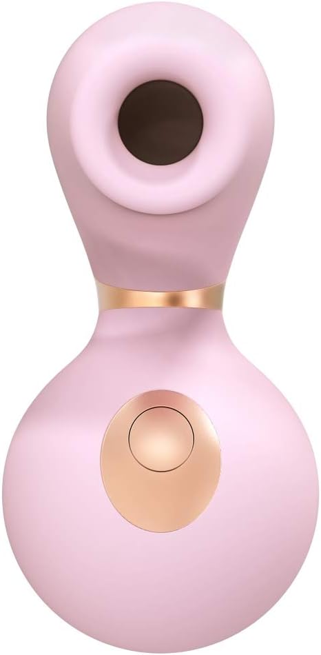 Pink silicone clitoral vibrator with circular suction head and rose gold accent button.