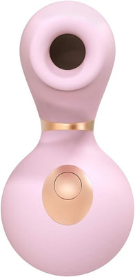 Pink silicone clitoral vibrator with circular suction head and rose gold accent button.