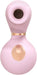 Pink silicone clitoral vibrator with circular suction head and rose gold accent button.
