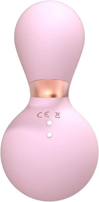 Pink silicone clitoral vibrator with a rounded dual-bulb design and rose gold accent band.
