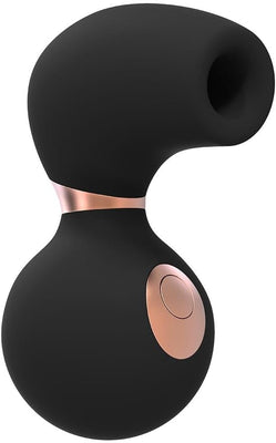 Black ergonomic clitoral vibrator with rose gold accents and a single control button, made from smooth silicone.