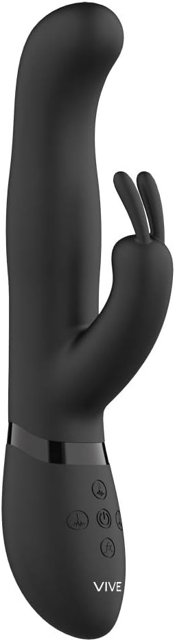Black silicone Vive Izara rotating beads rabbit vibrator with curved shaft and dual clitoral stimulators.