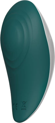 Teal and white curved palm-sized vibrator with smooth silicone surface and ergonomic design.