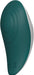 Teal and white curved palm-sized vibrator with smooth silicone surface and ergonomic design.