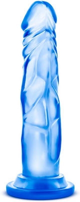 Blue translucent realistic dildo with suction cup base, textured for added sensation.