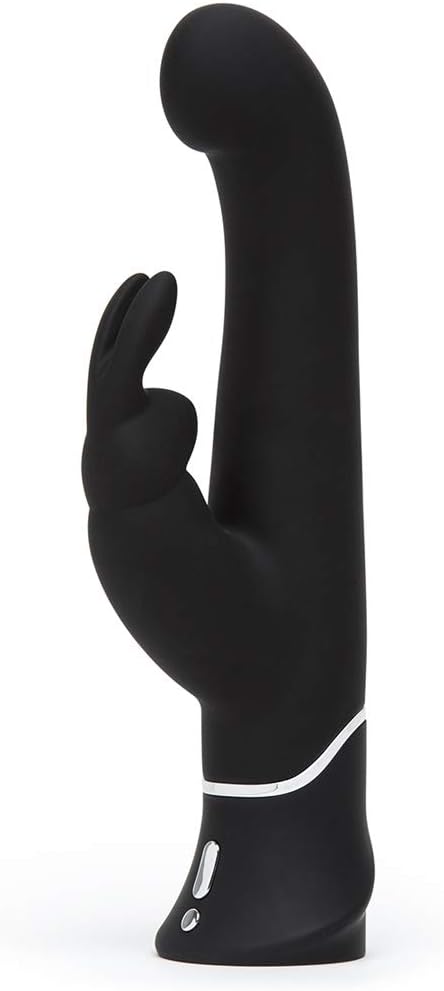 Black silicone rabbit vibrator with curved shaft and dual motors, featuring control buttons at the base for customizable settings.