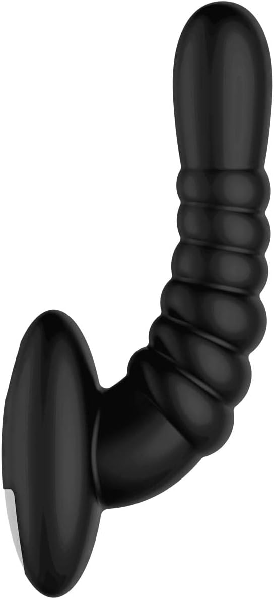Black ribbed vibrating prostate massager with ergonomic curved design and smooth silicone finish.