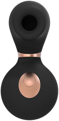 Black and rose gold clitoral vibrator with ergonomic design and single control button, made from smooth silicone.