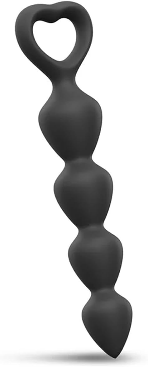 Black silicone anal plug with graduated beads and heart-shaped handle for easy grip.