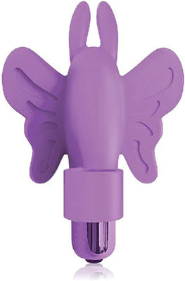 Purple butterfly-shaped finger vibrator with soft silicone wings and antennae, compact and travel-friendly design.