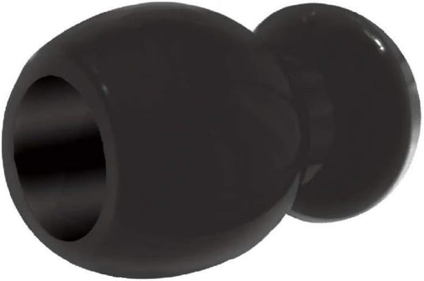 Black hollow tunnel butt plug with smooth, tapered design and flared base for comfortable, secure wear.