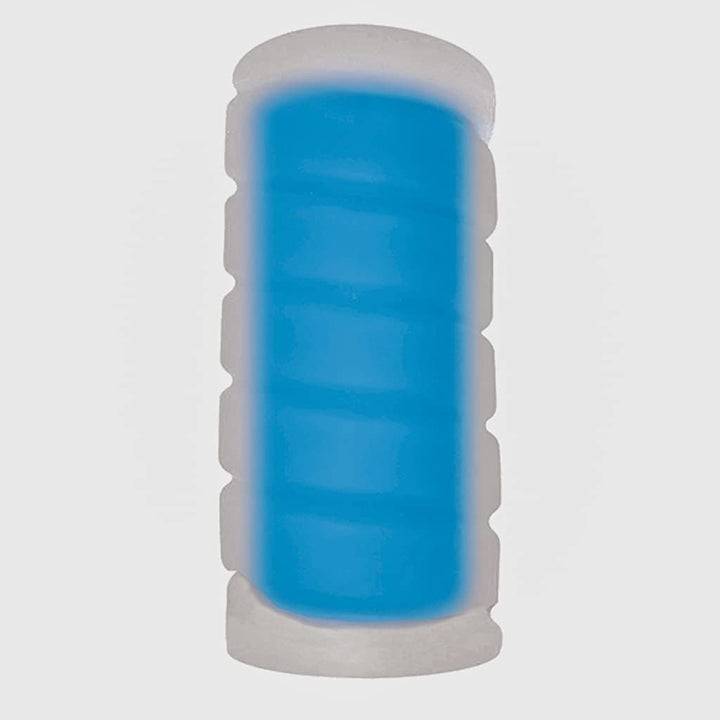 Clear and blue textured male stroker with ergonomic grip and soft exterior design.