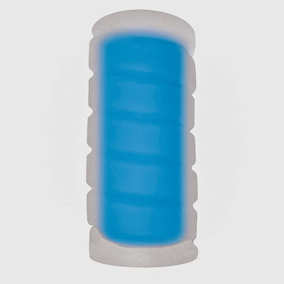 Clear and blue textured male stroker with ergonomic grip and soft exterior design.