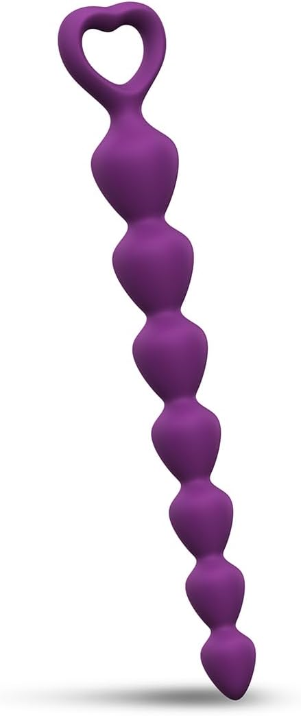 Small violet silicone anal beads with heart-shaped handle for comfortable grip and gradual stimulation.