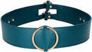 Teal leather-look waist belt with gold circular ring and adjustable buckle for stylish BDSM wear.
