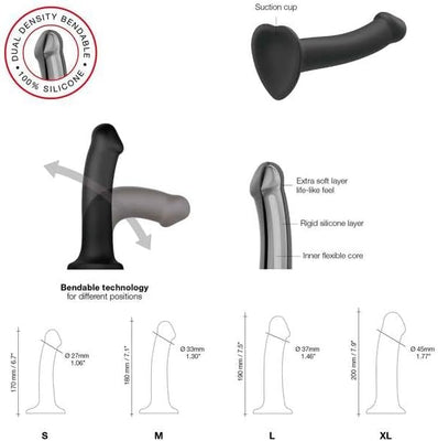 Diagram of a black bendable silicone dildo with suction cup, showing dual density layers and size measurements for S, M, L, and XL.