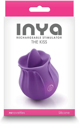 Packaging of Inya The Kiss rechargeable silicone stimulator in purple with rosebud design on white background.